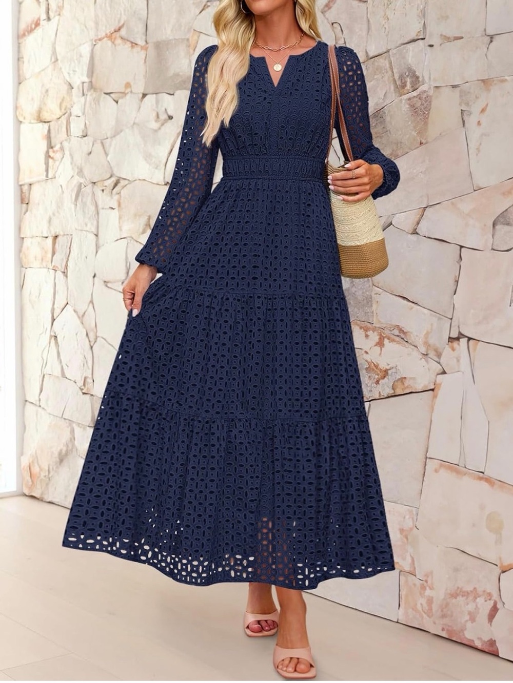 NWOT Navy Eyelet Lace Tiered Maxi Dress with Long Sleeves, XXL